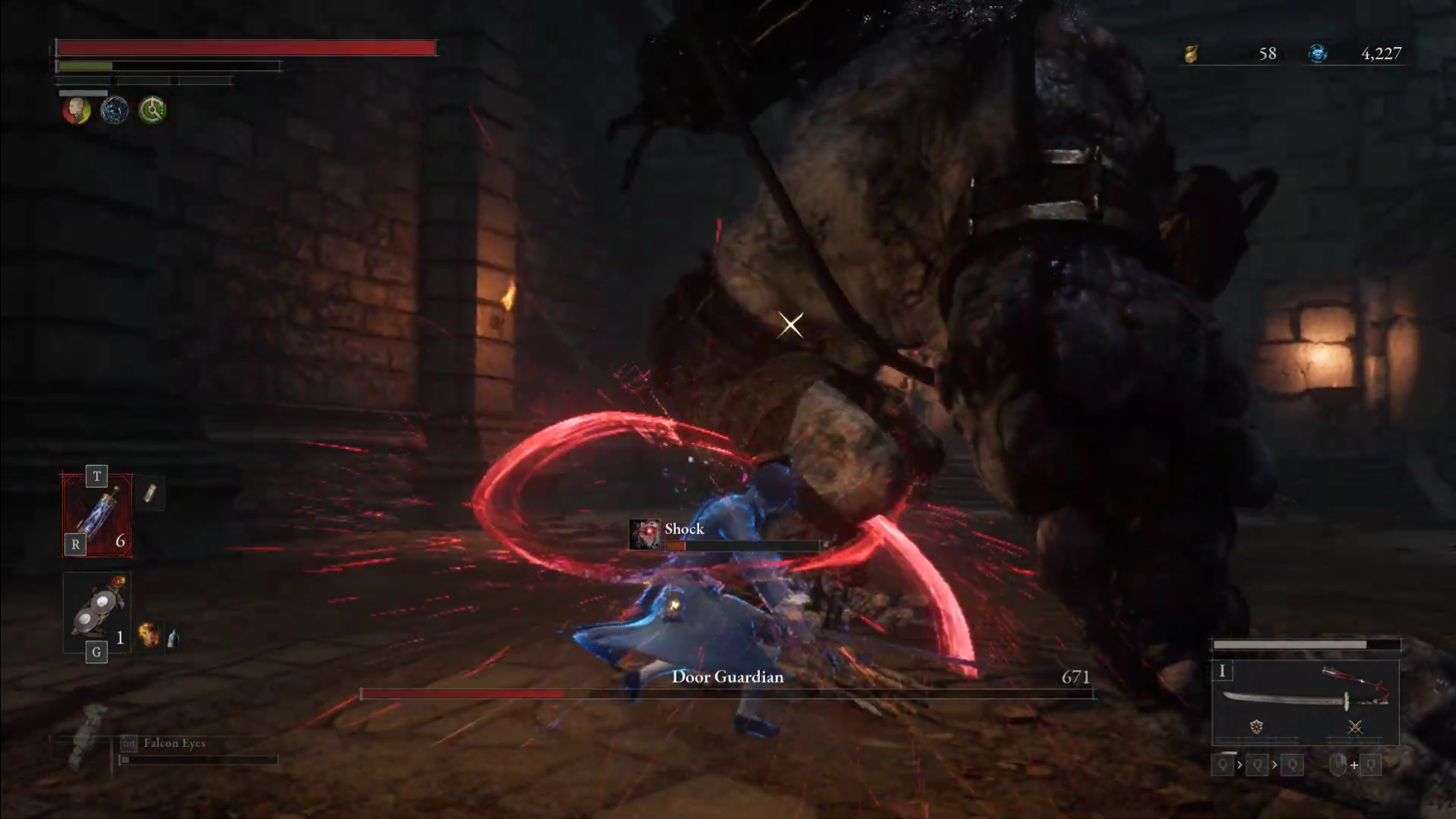 A screenshot of Youtuber "Xorv Playing Games" fighting the Door Guardian using the Two Dragons Sword weapon in Lies of P.