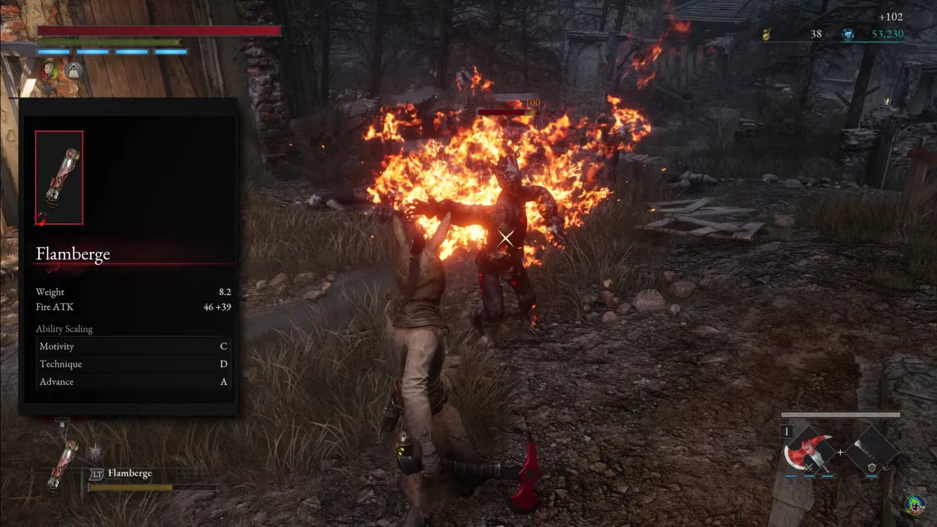 A screenshot from Youtuber "Hazmy" showcasing the usage of the Flamberge Legion Arm in Lies of P.