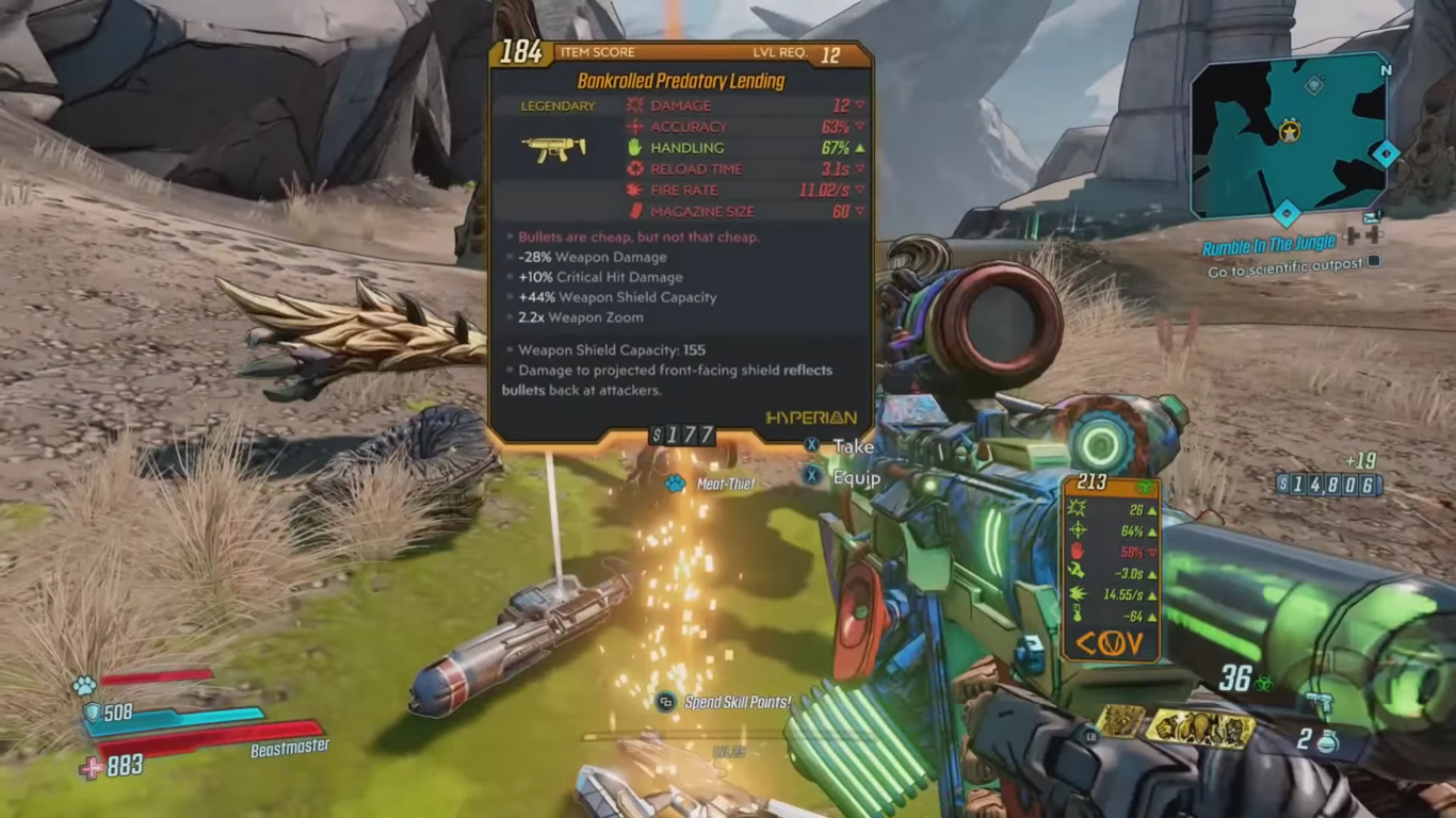 A screenshot of the legendary weapon, Bankrolled Predatory Lending, being used in Borderlands 3.