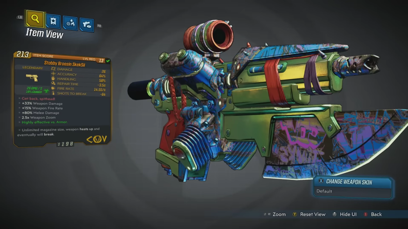 A screenshot of the Stabby Broosin Skeksil weapon in Borderlands 3.