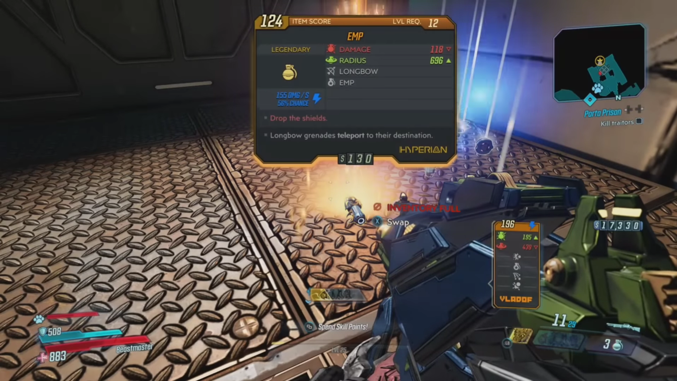 A screenshot of the legendary grenade mod, EMP, being used in Borderlands 3.