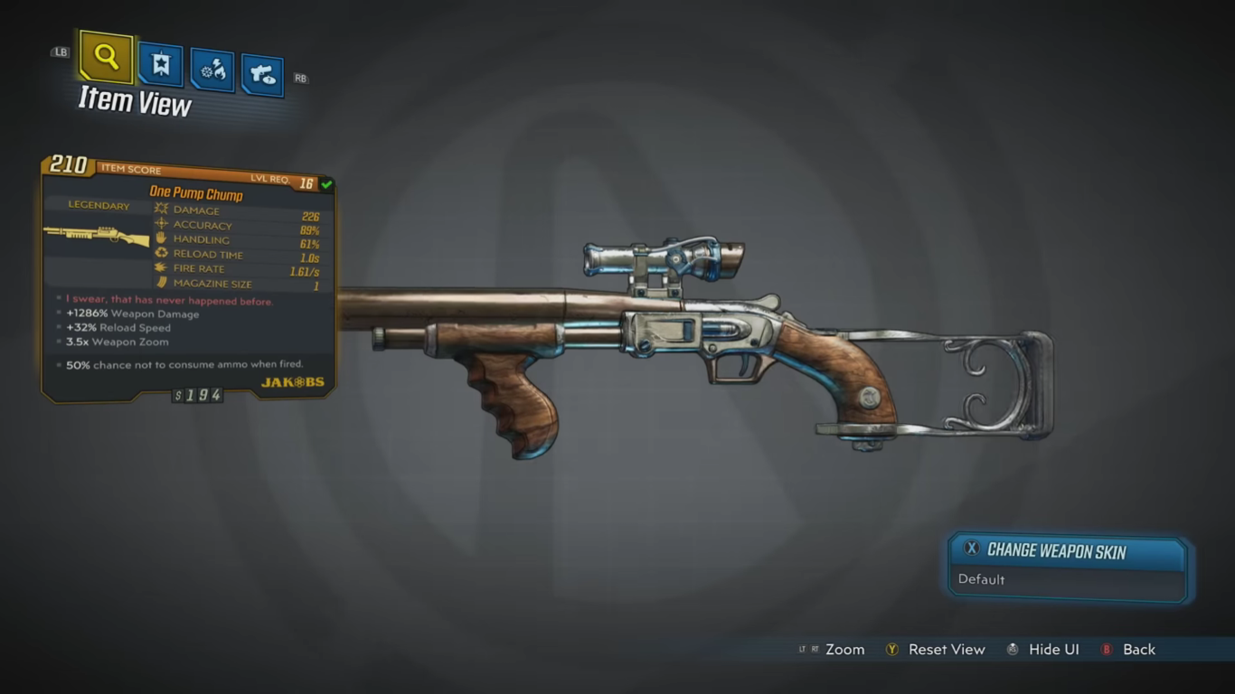 A screenshot of the One Pump Chump weapon in Borderlands 3.