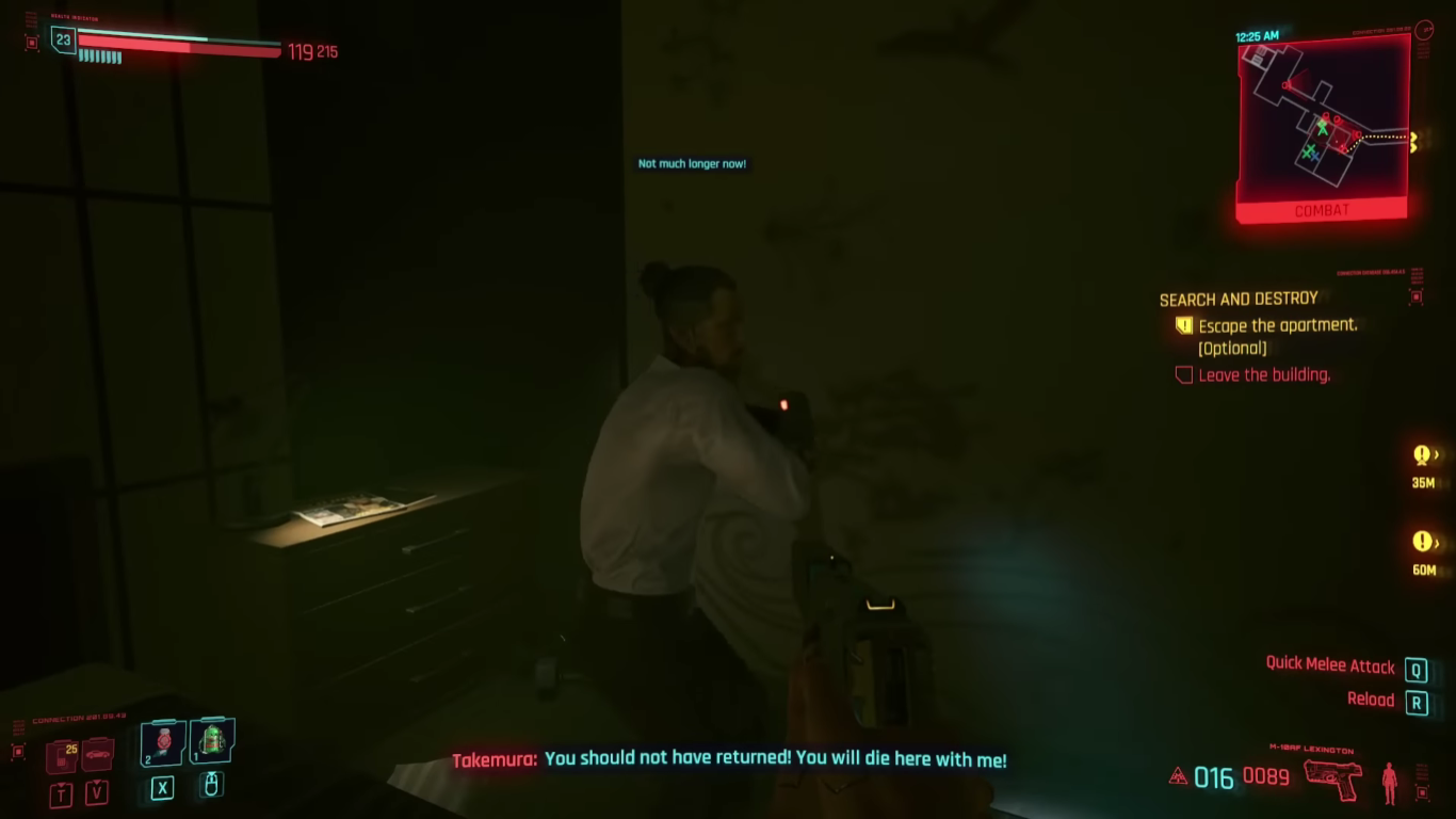 A screenshot of Goro Takemura escaping with V during the "Search and Destroy" mission in Cyberpunk 2077.