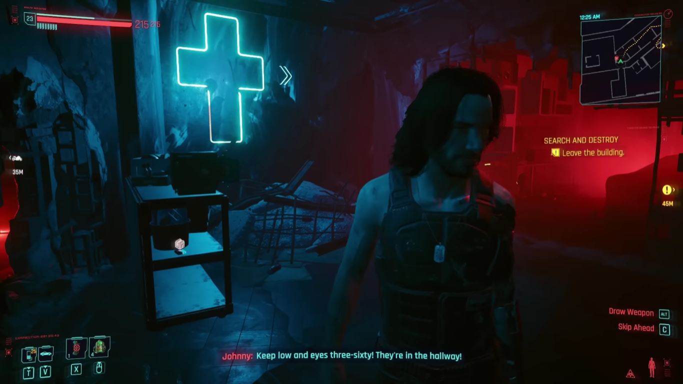 A screenshot of Johnny Silverhand during the "Search and Destroy" mission in Cyberpunk 2077.