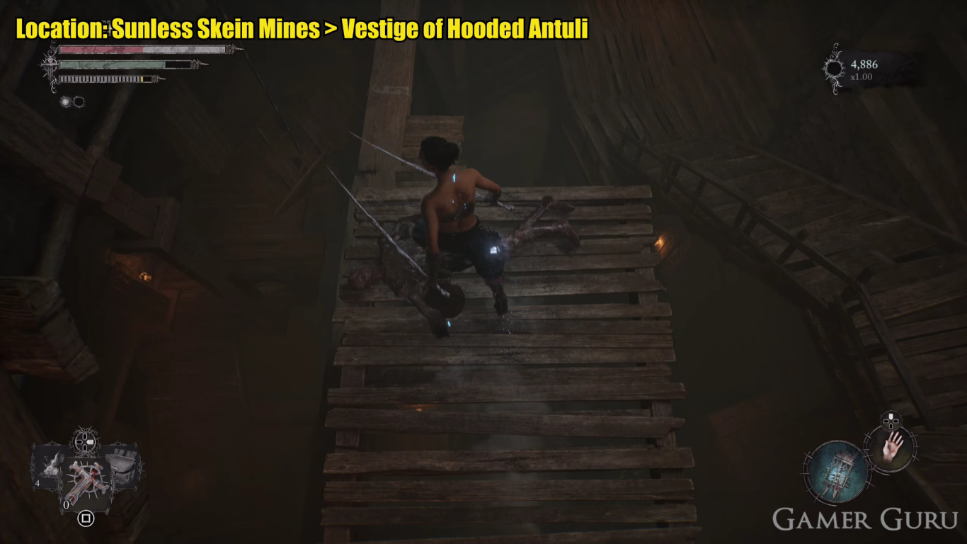 A screenshot of the dead body at the end of the wooden platform in Lords of the Fallen.