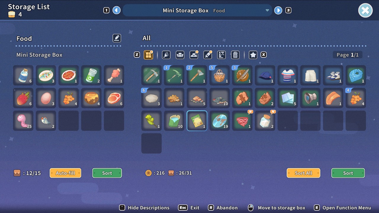 A screenshot of the storage box inventory in My Time at Sandrock