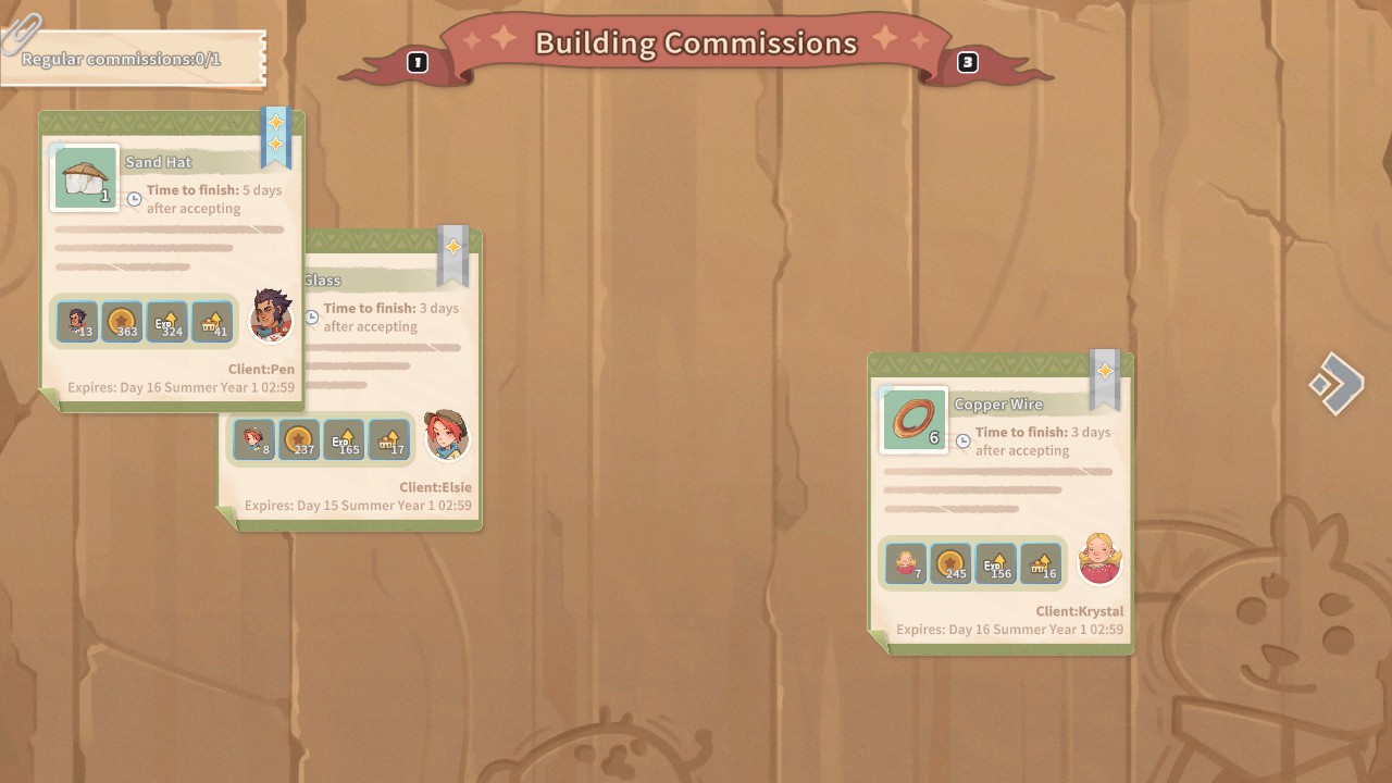 A screenshot of the commission board in My Time at Sandrock.