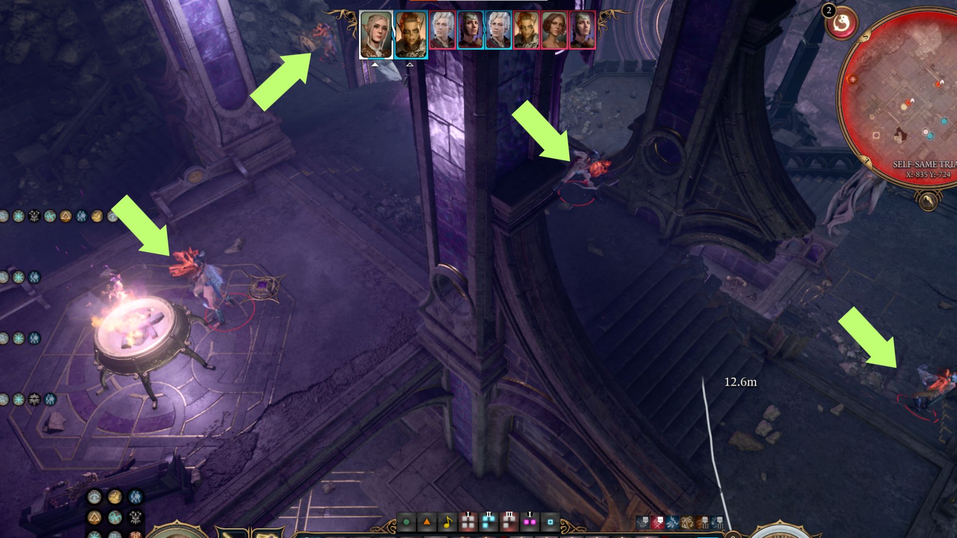 A screenshot showing all four clones in the Self-Same Trial room in Baldur's Gate 3. 