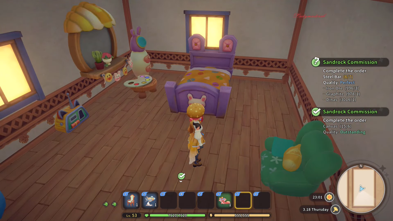 A screenshot of the player decorating her home with adorable-looking pieces of furniture.