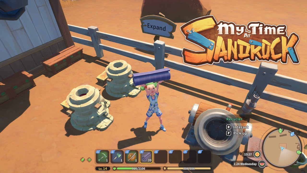 An image of the player holding a rubber over her head in My Time at Sandrock.