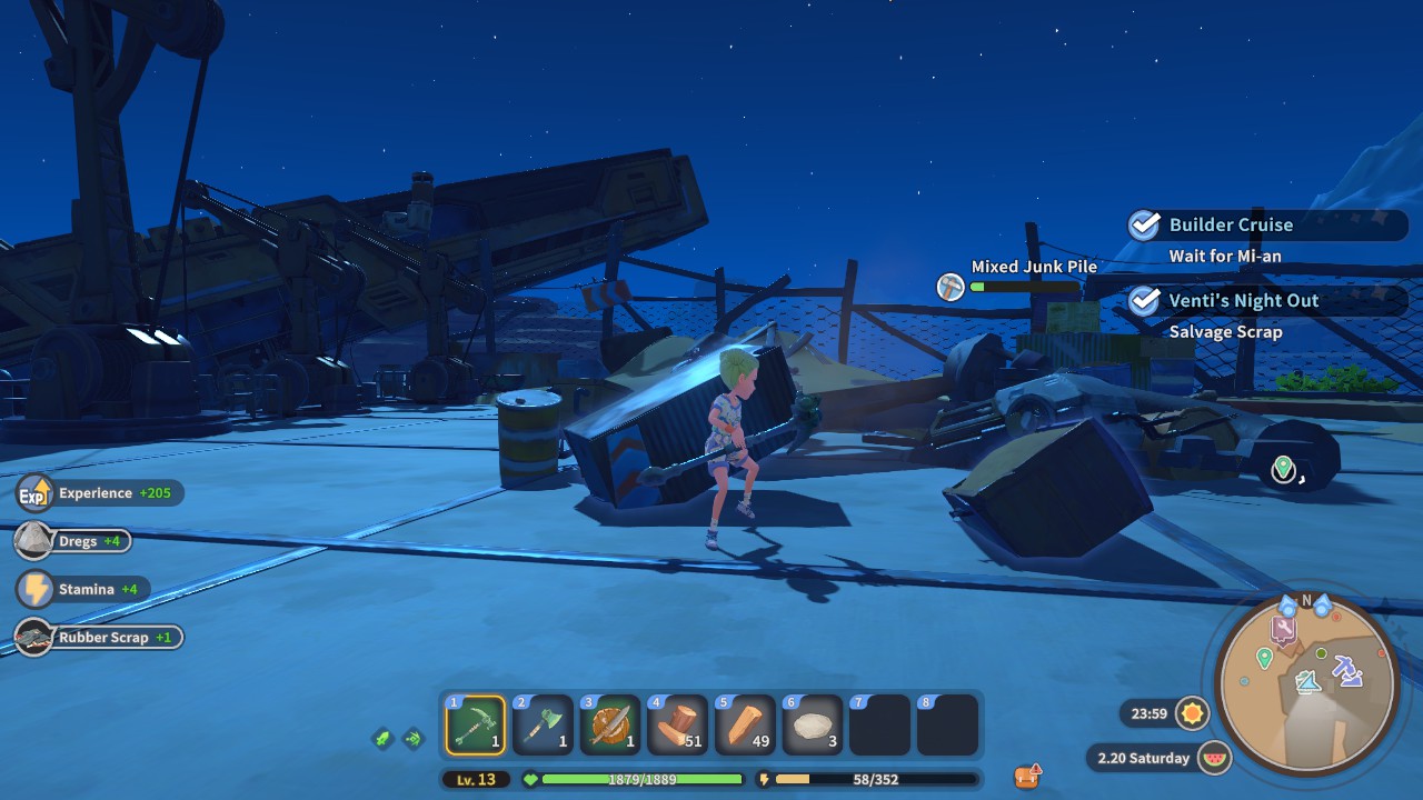 A screenshot of the player mining a mixed junk pile in the Eufaula Salvage scrapyard.