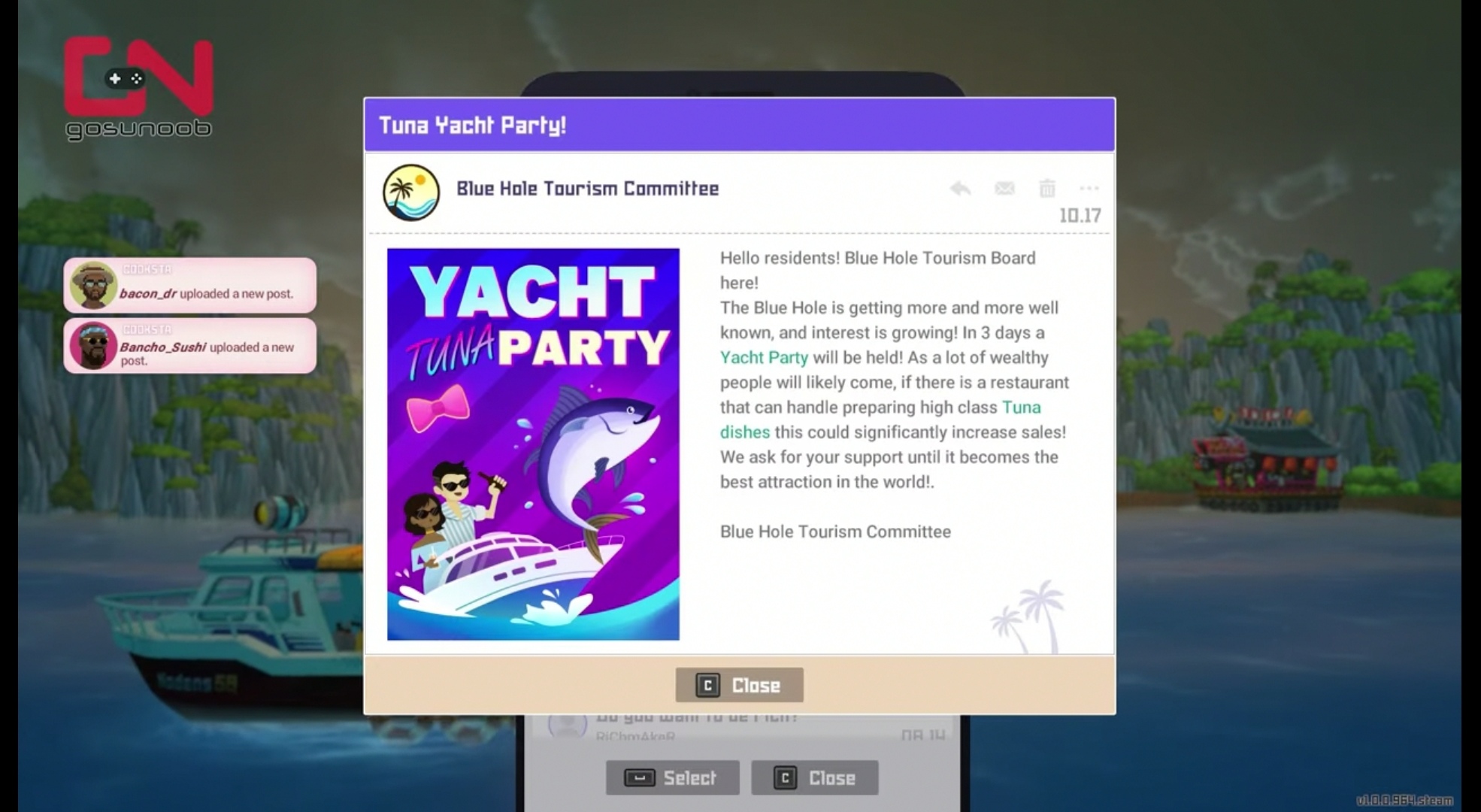 A screenshot of the Yacht Party announcement in Dave the Diver.