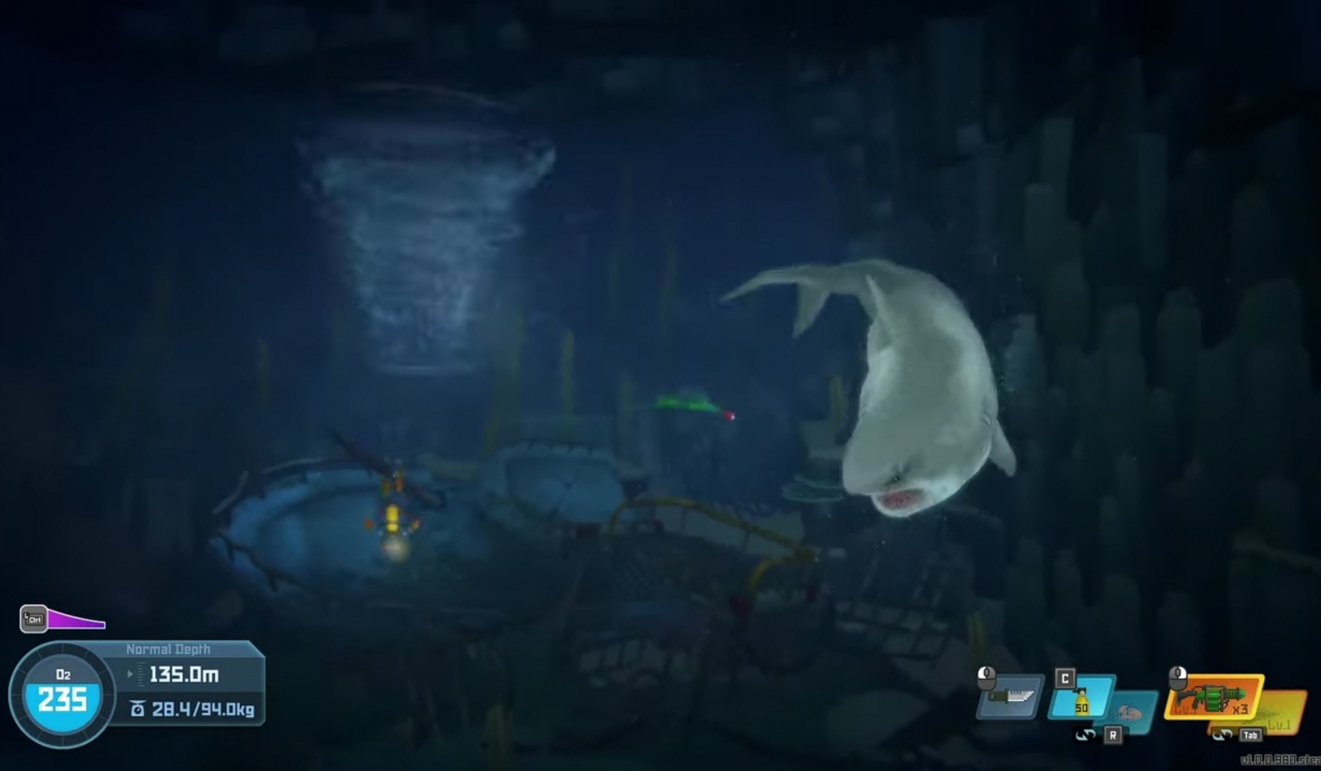 A screenshot of Klaus' whirlpool attacks in Dave the Diver. 