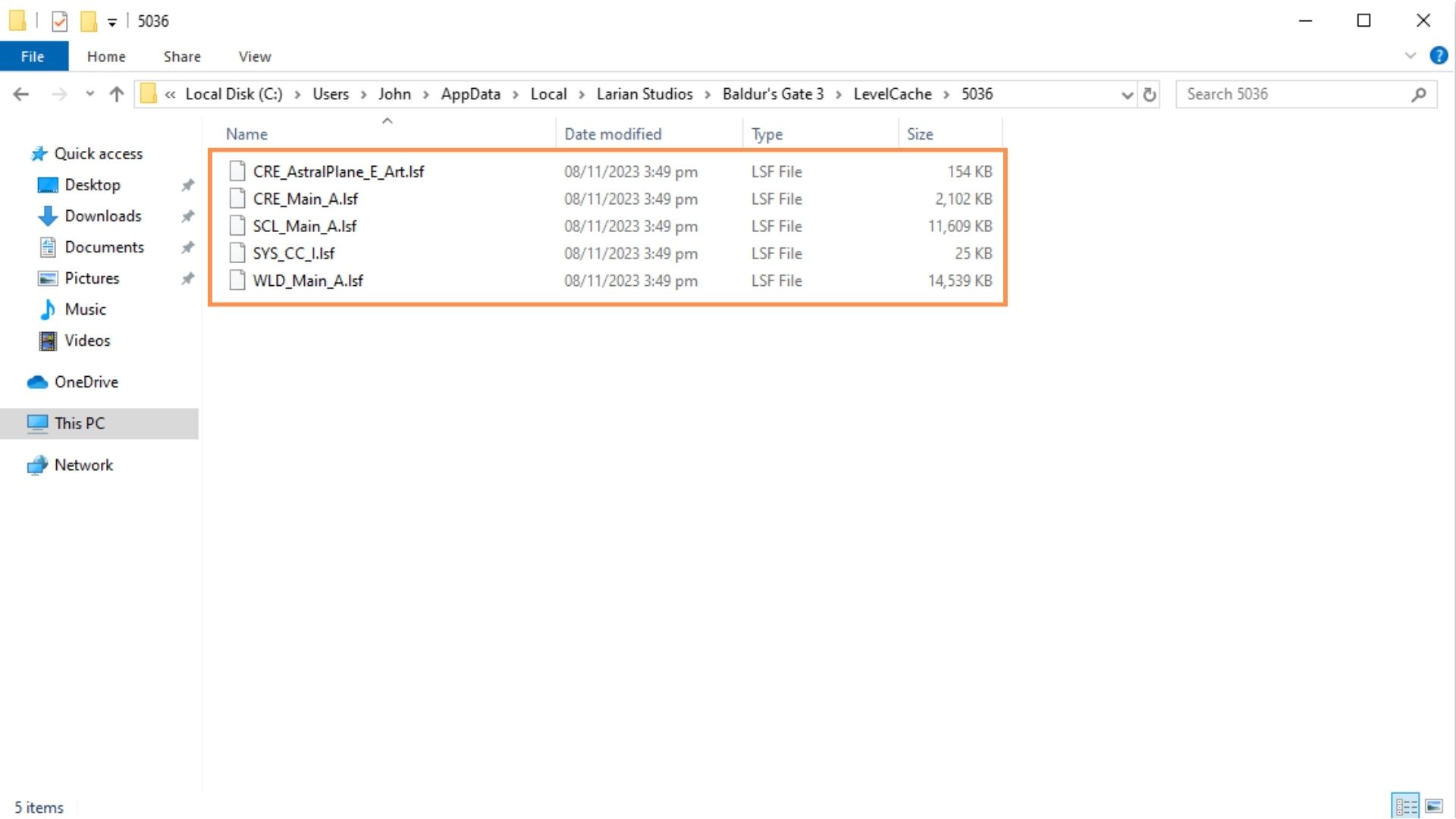 A screenshot of Baldur's Gate 3 temp files folder. 