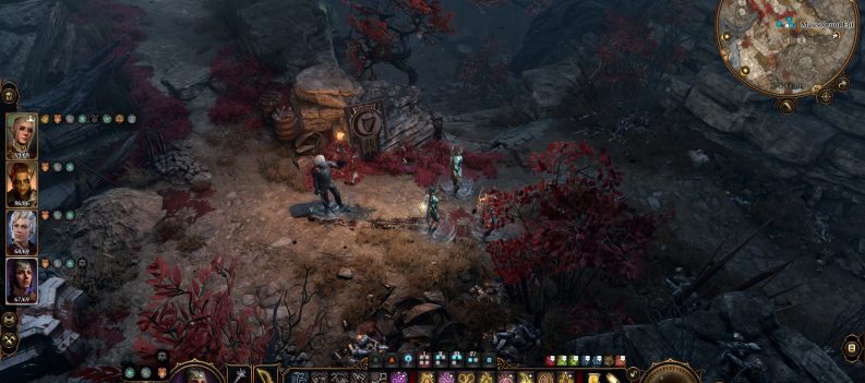 A screenshot of four party members in Baldur's Gate 3.