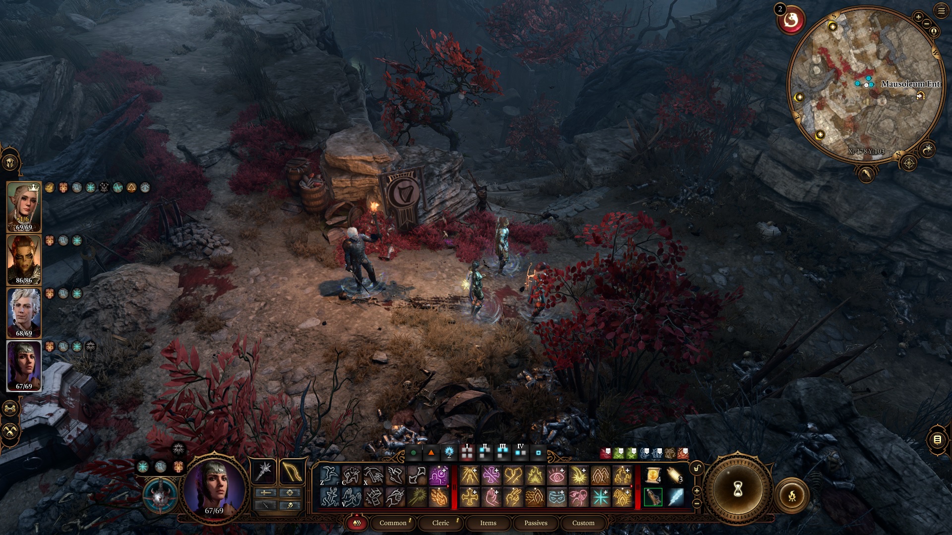 A screenshot of four party members in Baldur's Gate 3.