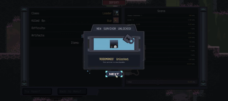 A screenshot showing an unlocked Robomando in Risk of Rain's summary menu.