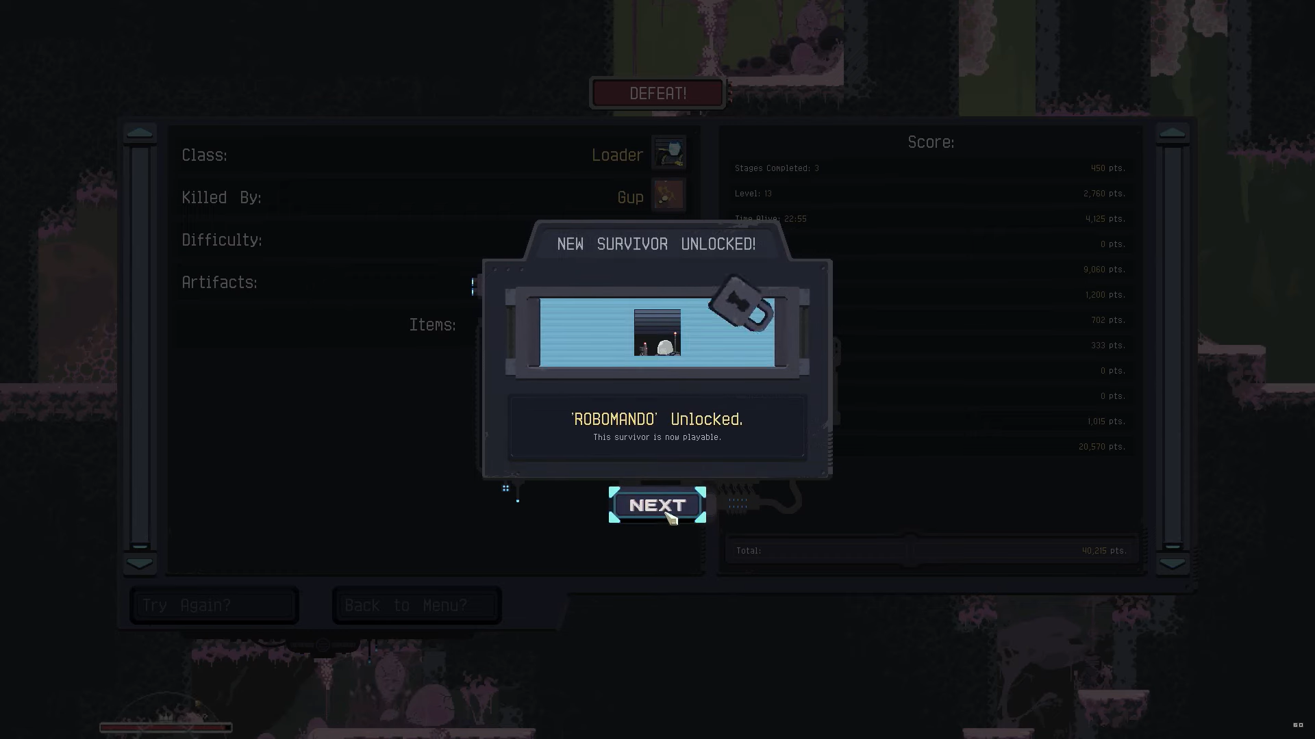 A screenshot showing an unlocked Robomando in Risk of Rain's summary menu.