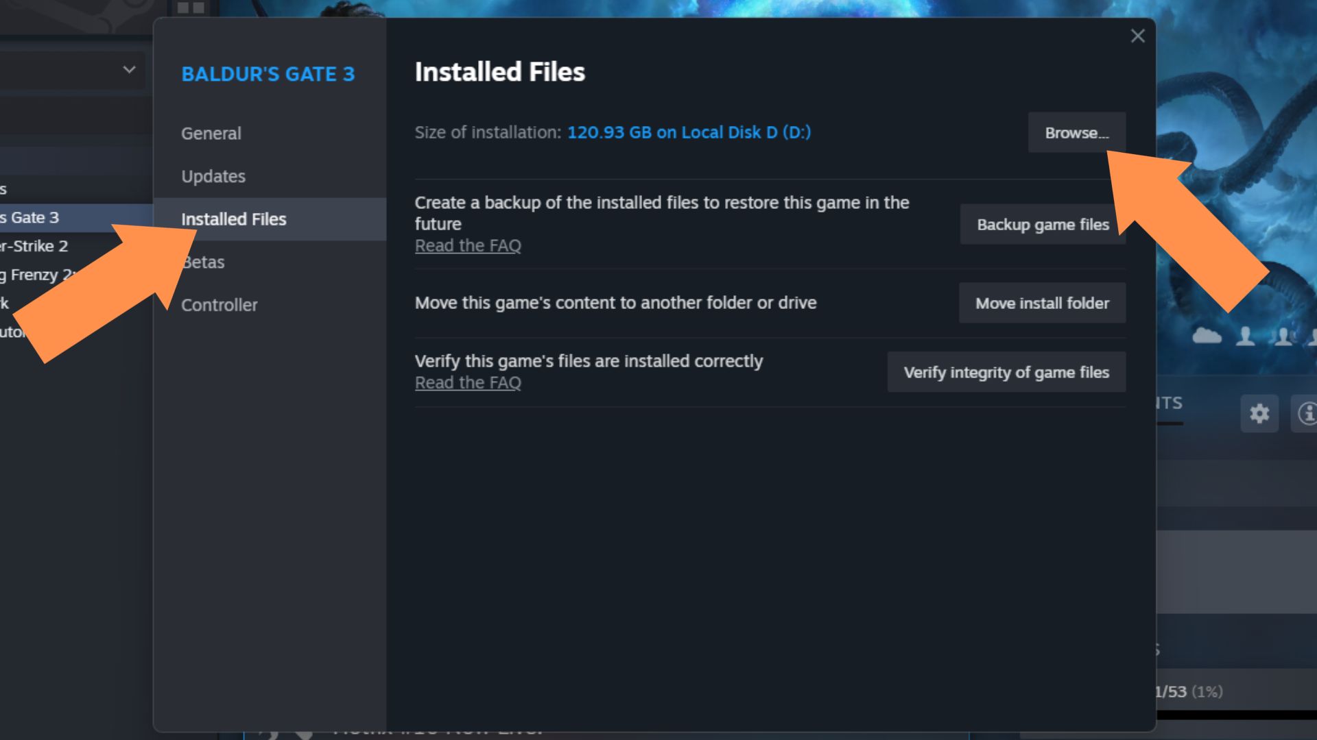 A screenshot of the Installed Files menu for Baldur's Gate 3 on Steam. 
