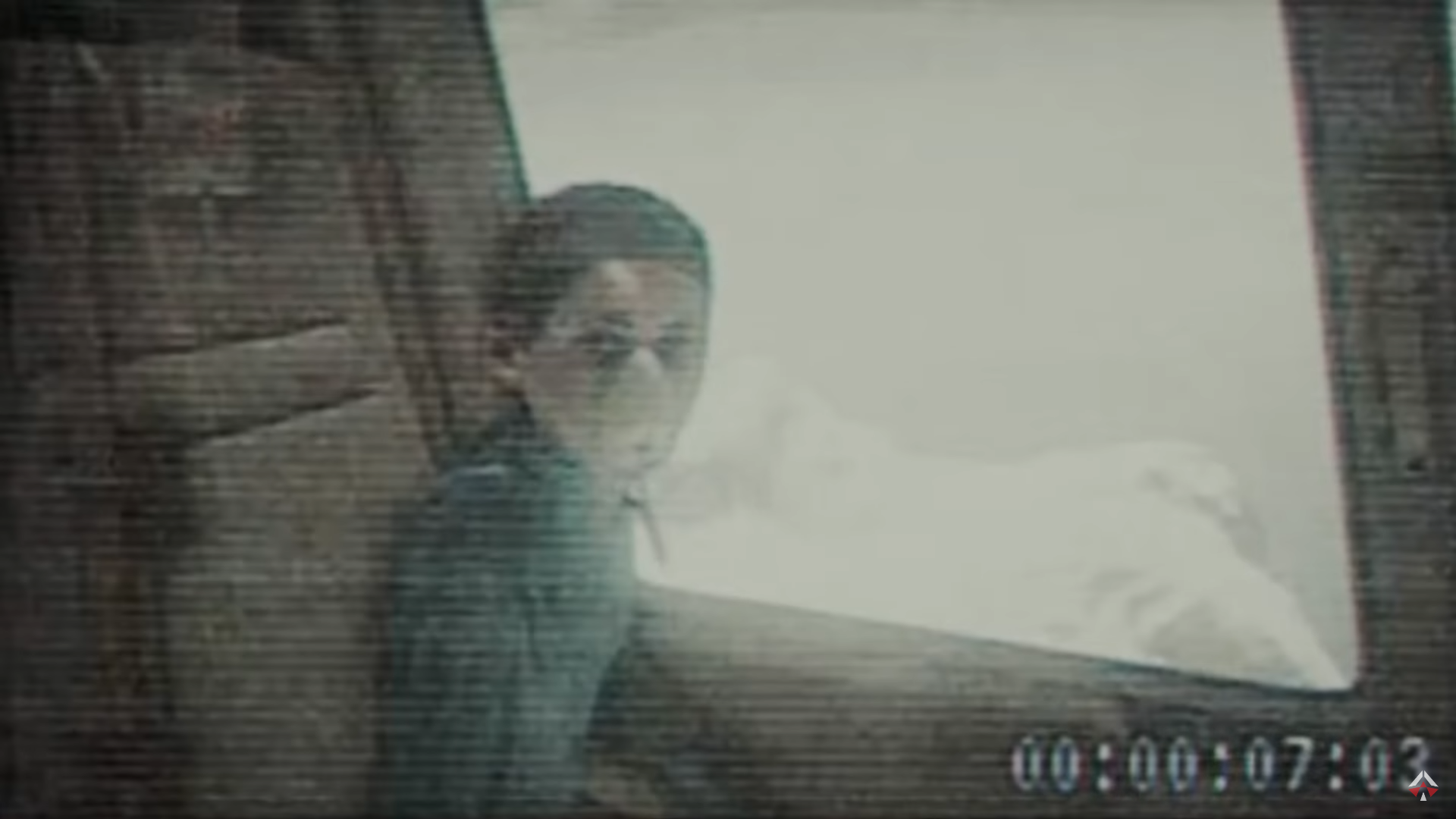 A screenshot of Megan in one of the Forest Tapes in World of Horror.