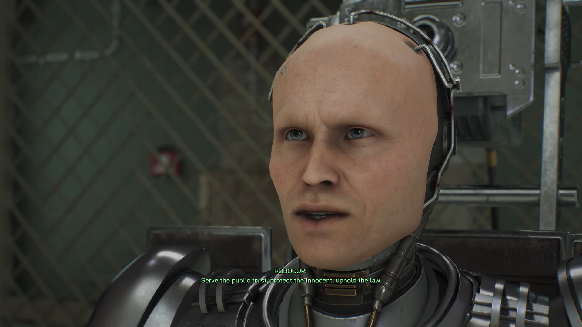 A screenshot of RoboCop without his helmet in RoboCop: Rogue City