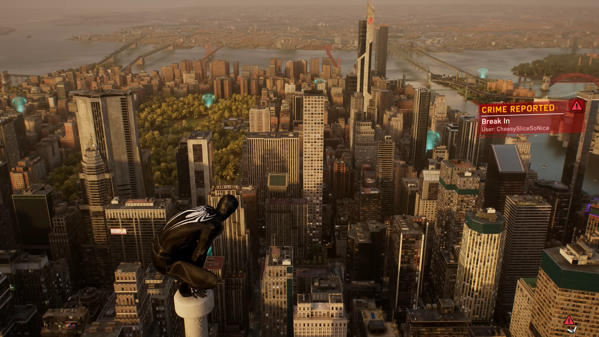 A screenshot of black Spider-Man sitting of the top of a tower in Marvel's Spider-Man 2. 