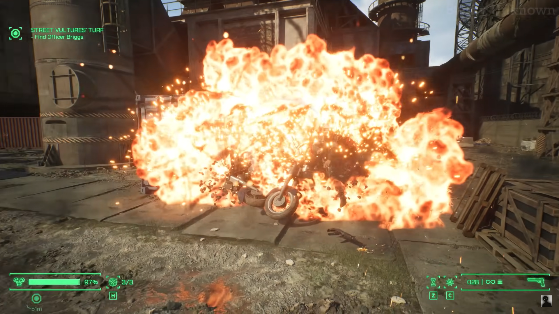 A screenshot of a motorcycle explosion in RoboCop: Rogue City. 