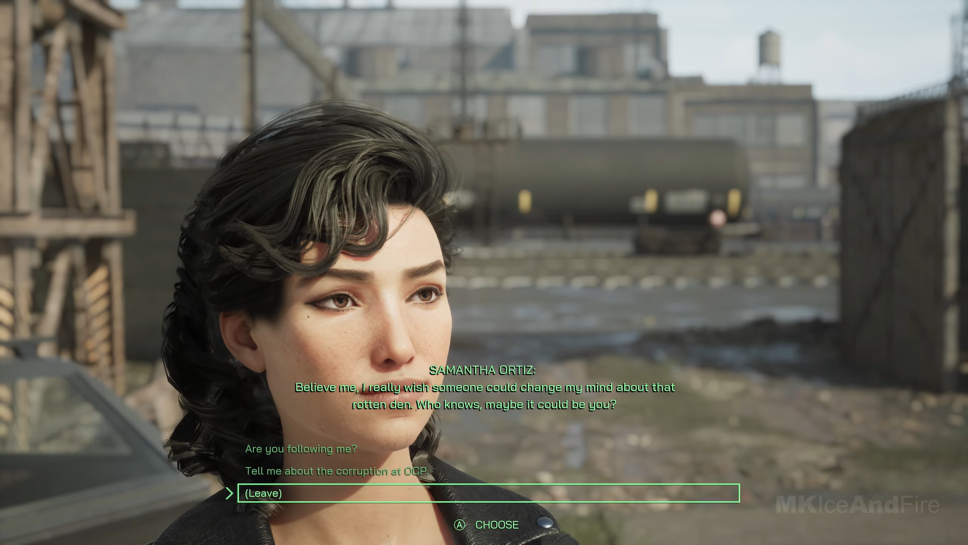 A screenshot showing the dialogue options with Samantha Ortiz. 