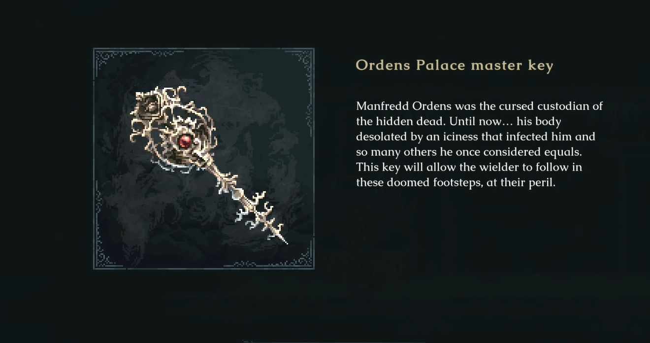 A screenshot of Ordens Palace master key - an item you need to acquire to get the double jump in The Last Faith. 