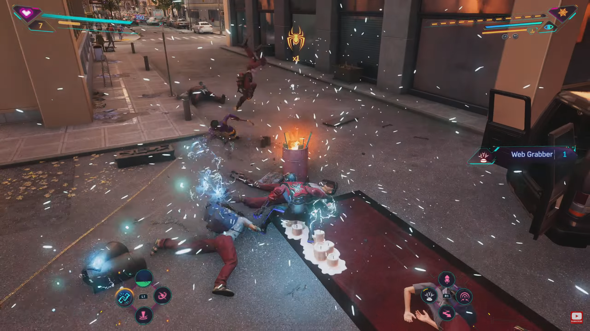 A screenshot of Spider-Man Miles Morales fighting against thugs in Spider-Man 2. 