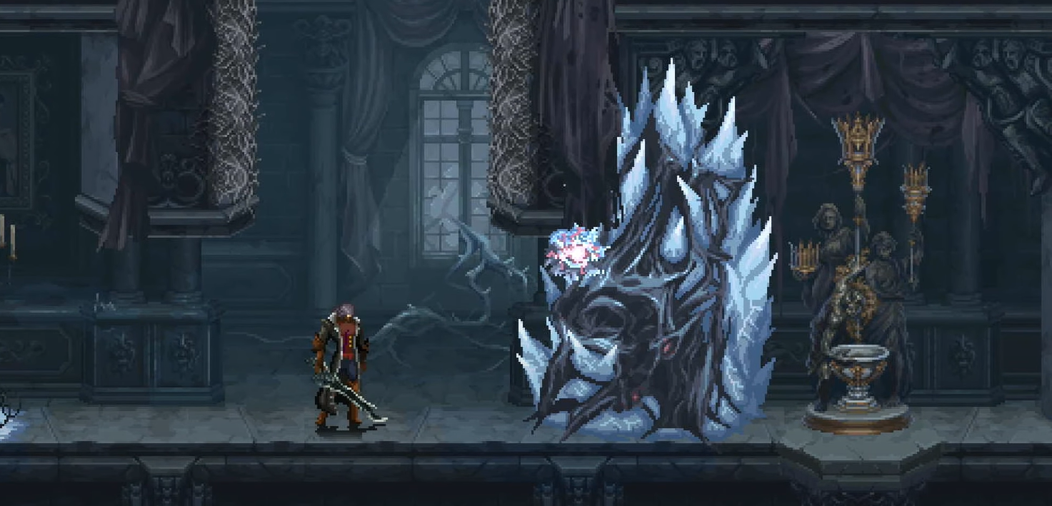 A screenshot showing how to use the bomb to blow apart an ice crystal in The Last Faith. 