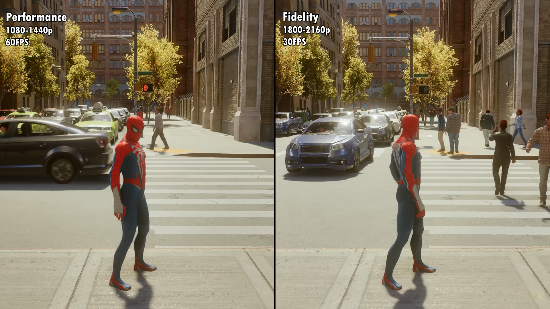 A screenshot showing the difference between Performance and Quality Mode in Marvel's Spider-Man 2. 
