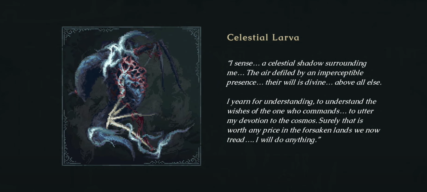 A screenshot of the Celestial Larva - item that gives the double jump ability in The Last Faith. 