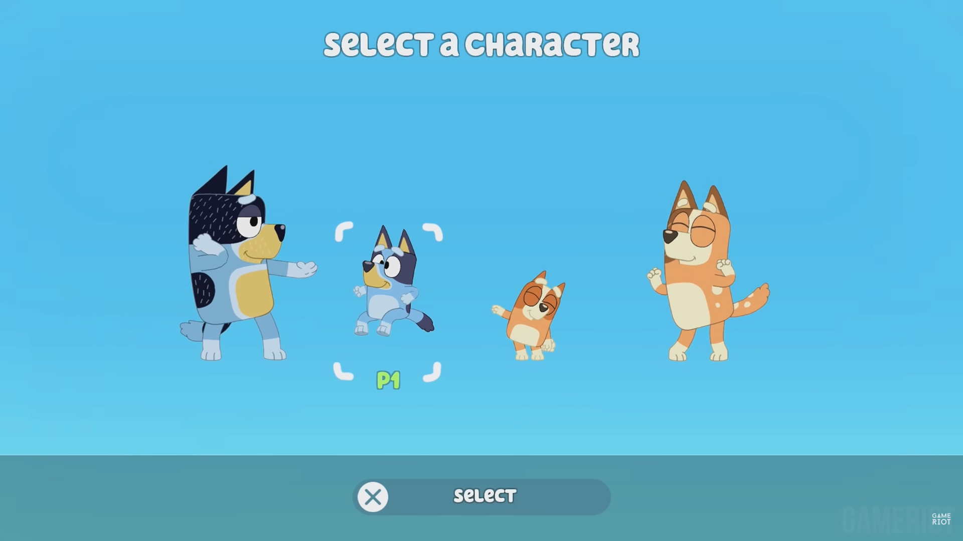 A screenshot of all four playable characters in Bluey: The Videogame.