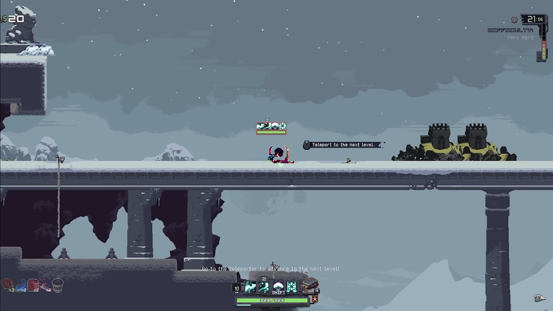 A screenshot of the teleporter on the third stage in Risk of Rain Returns.