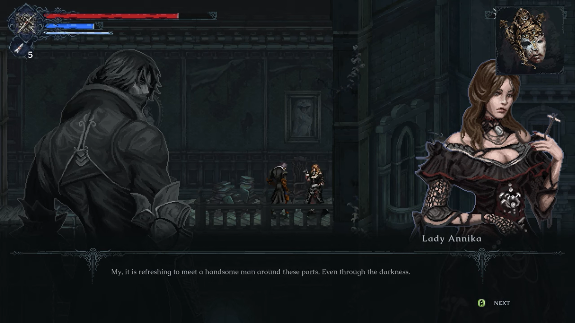 A screenshot of Lady Annika and Eryk in Last Faith. 