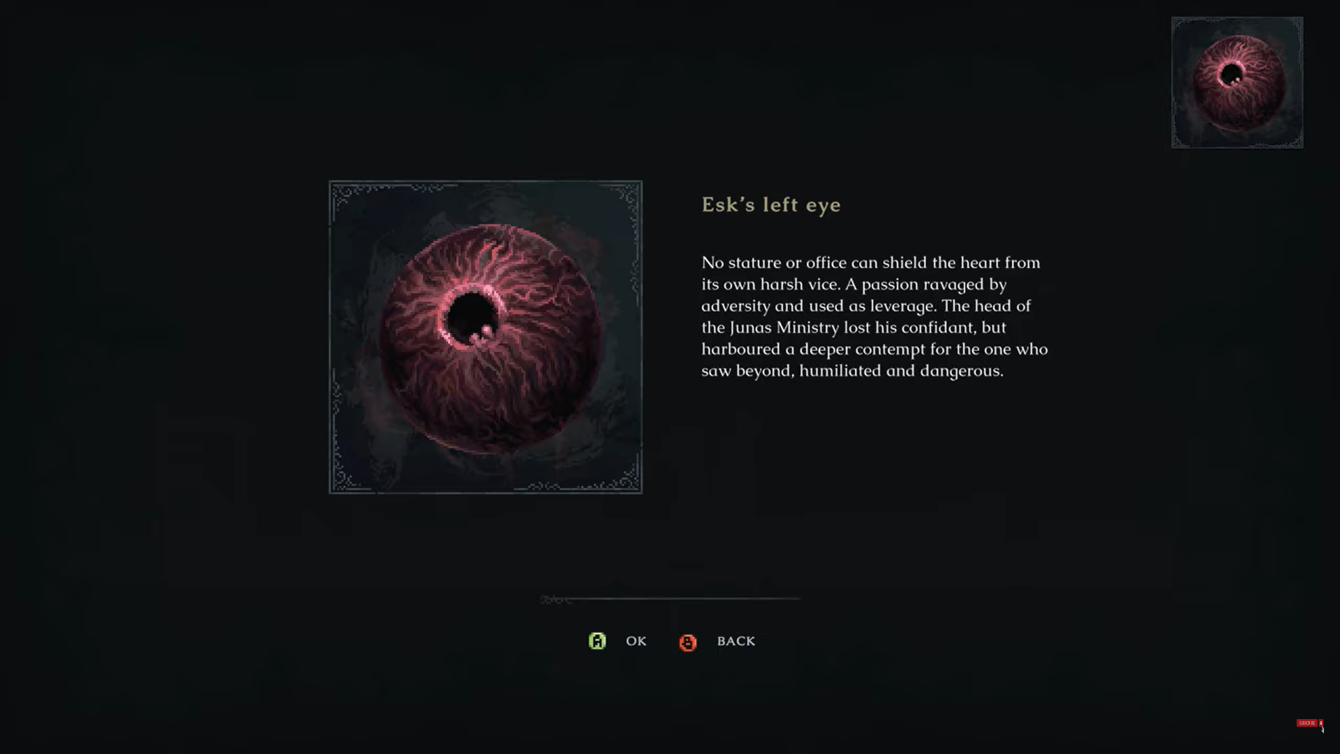 A screenshot of Esk's Left Eye - an item required to get the true ending in Last Faith. 