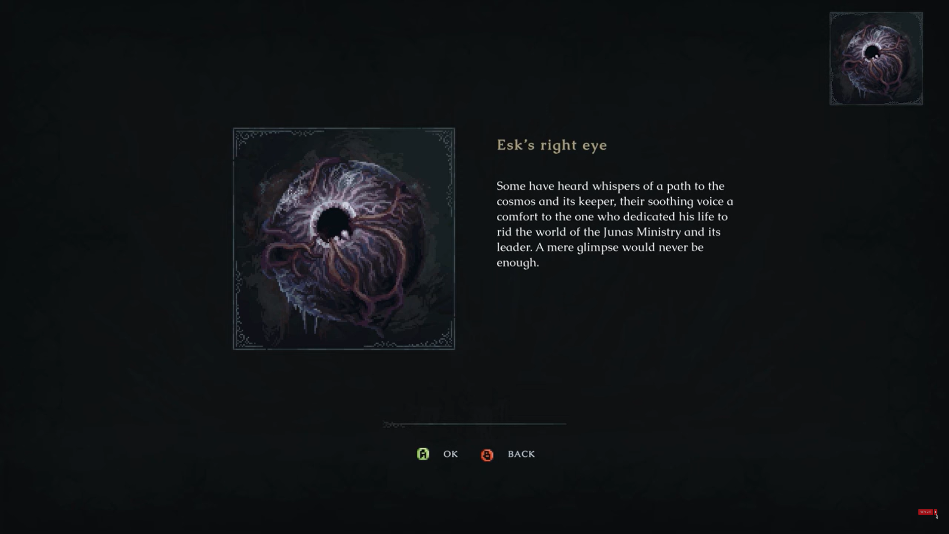 A screenshot of Esk's Left Eye - an item required to get the true ending in Last Faith. 