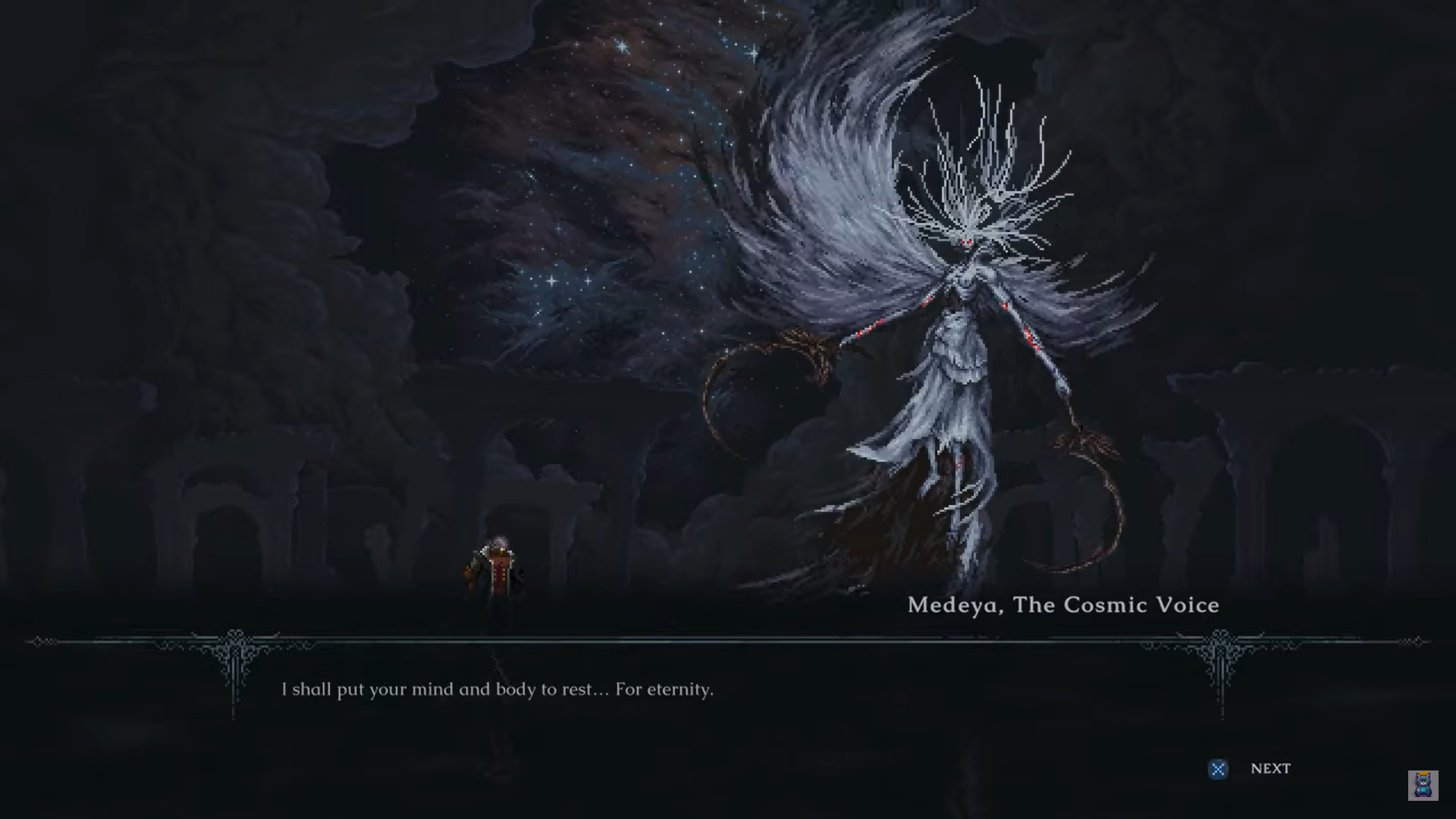 A screenshot of the Medeya, The Cosmic Voice - the boss to beat to get the true ending in Last Faith. 