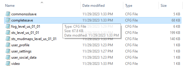 A screenshot of the completesave.cfg file.