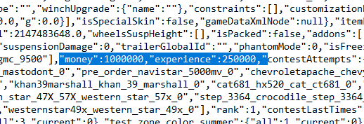 A screenshot of money and experience values in the completesave.cfg file. 
