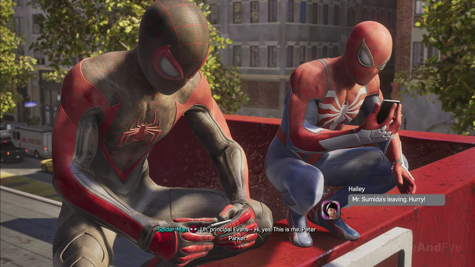 A screenshot of a short cutscene about Peter on a call with Principal Evans in Spider-Man 2.