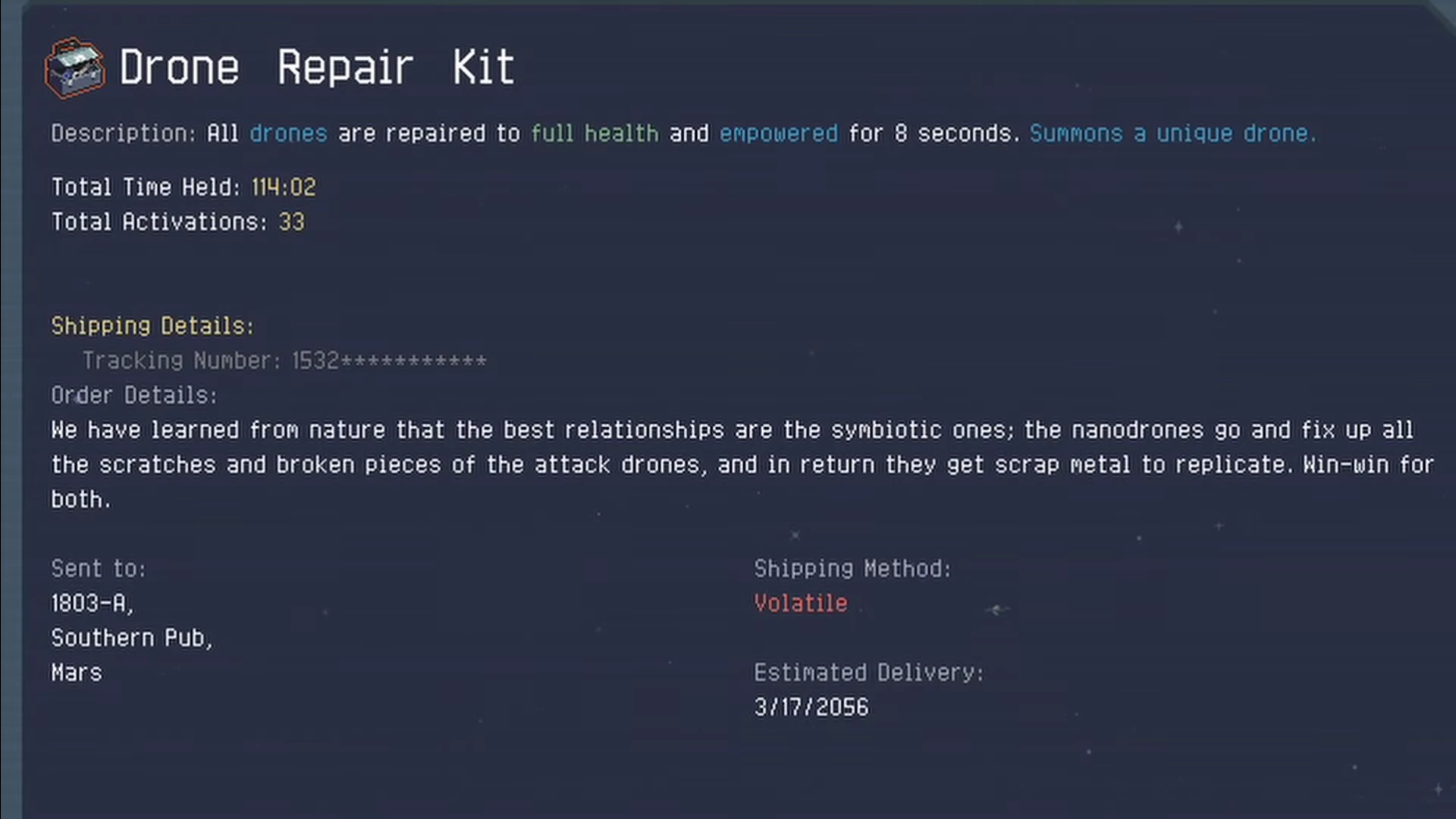 A screenshot of the Drone Repair Kit in Risk of Rain Returns.