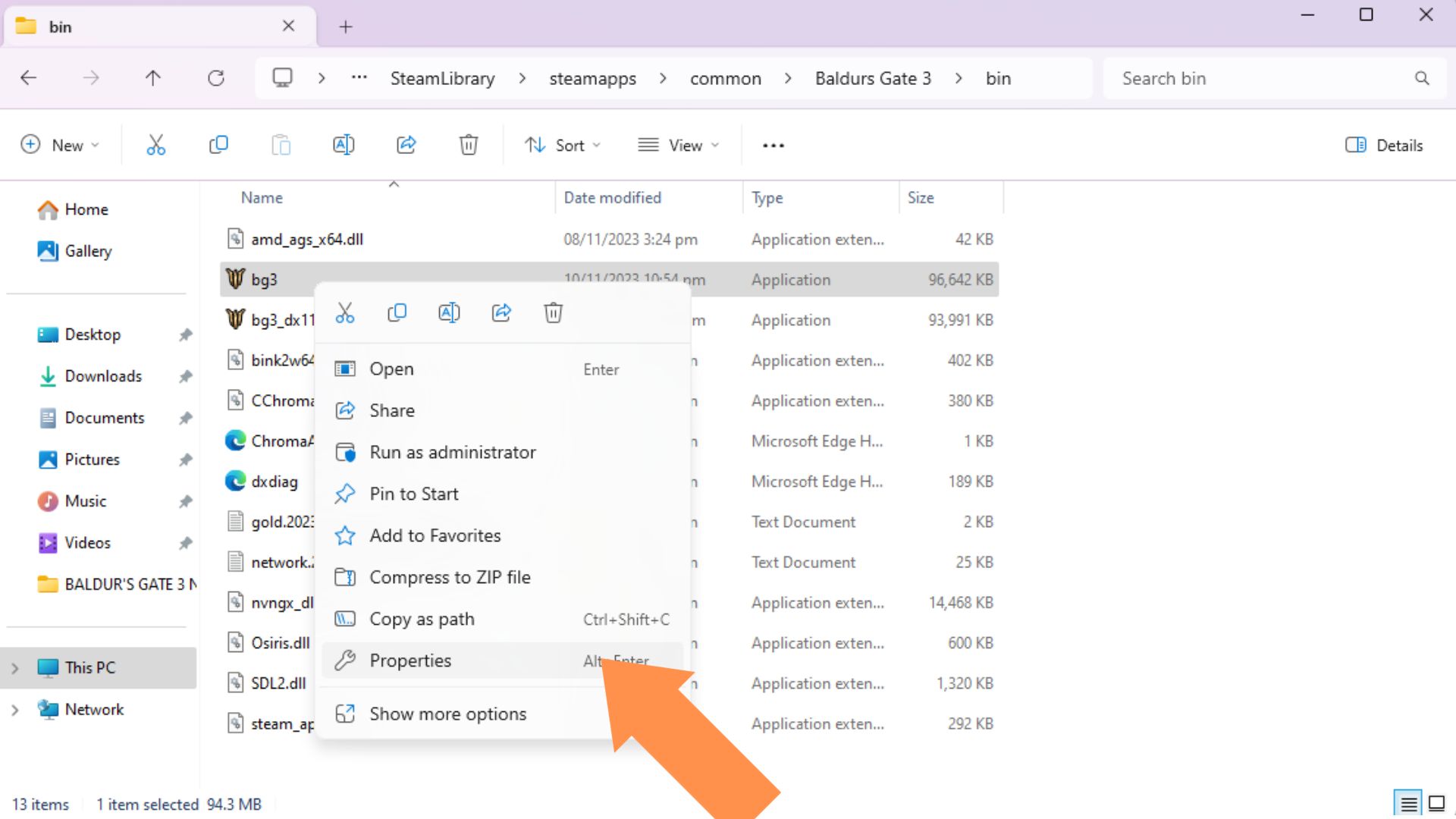 A screenshot of the Properties option for bg3.exe.