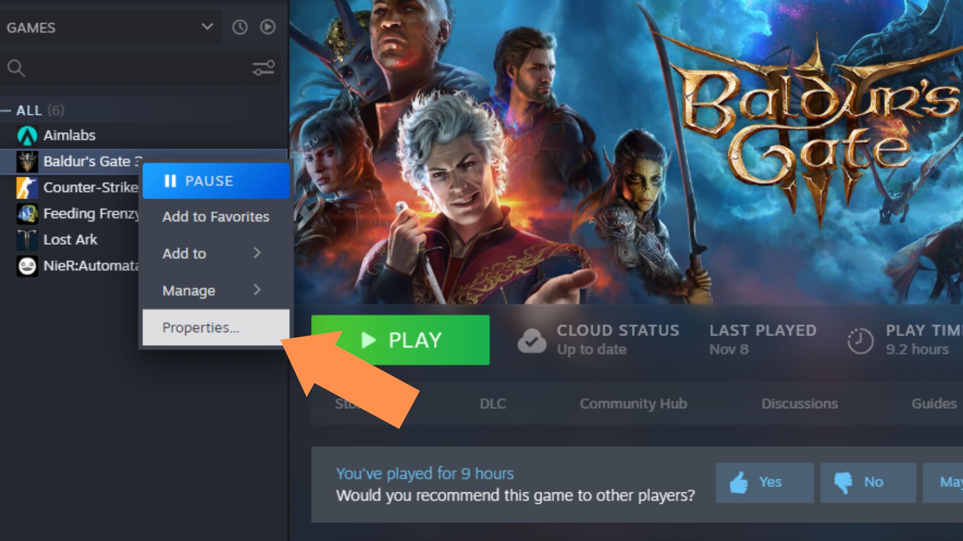A screenshot of the Properties option on Steam for Baldur's Gate 3. 