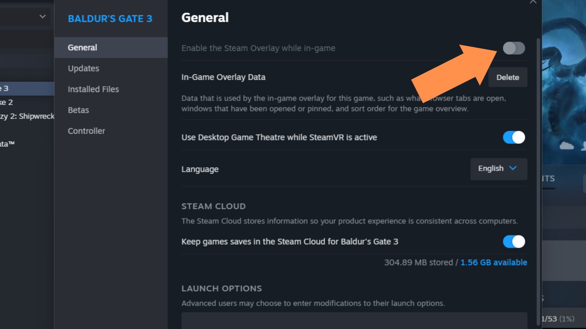 A screenshot of the Steam Overlay toggle for Baldur's Gate 3 on Steam. 