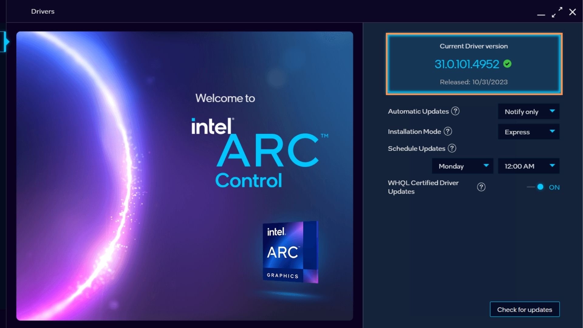 A screenshot of updated drivers on Intel graphics card. 