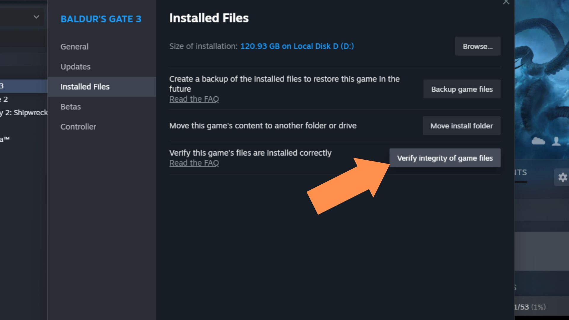 A screenshot of the Verify integrity of game files option for Baldur's Gate 3 on Steam. 