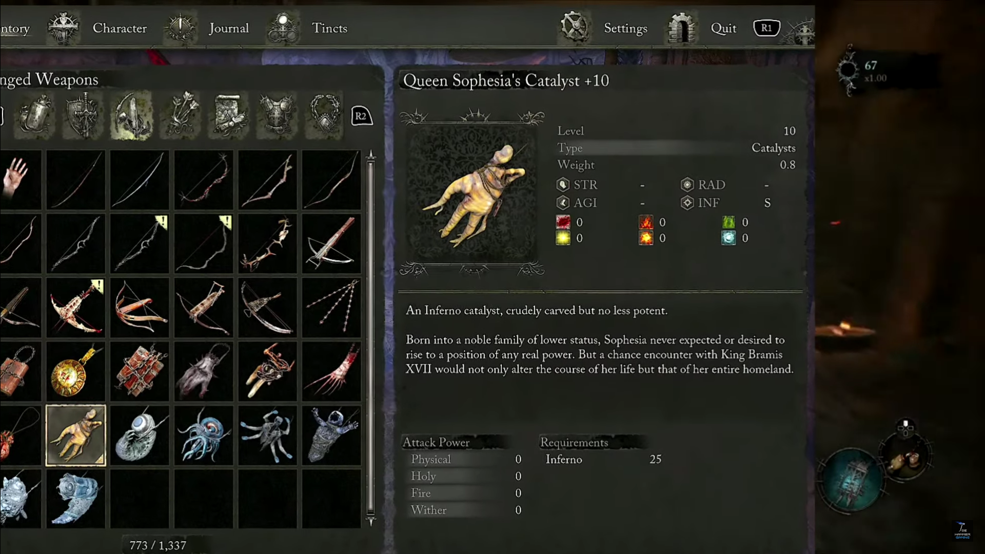 A screenshot of the Queen Sophesia's Catalyst in Lords of the Fallen.