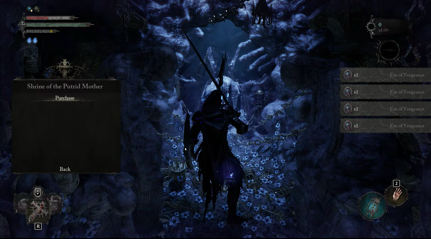 The player approaching the Shrine of the Putrid Mother.